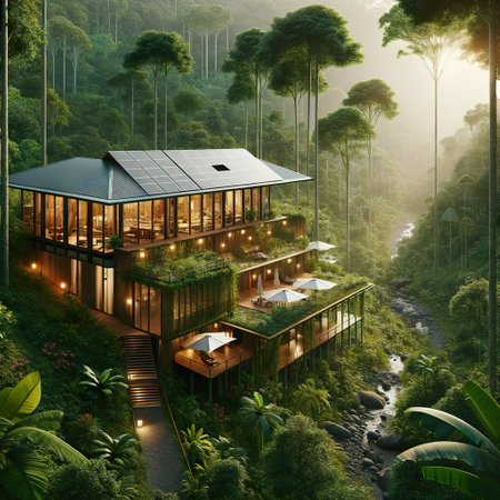 Illustration of eco-lodge in rainforest featured with solar panels, rainwater harvesting system. Generative AI.の素材