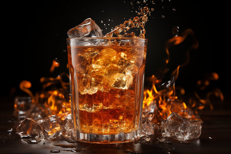 Whiskey with ice cubes on a black background with splashes. Generative AI.の素材