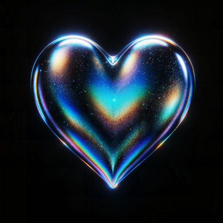 A holographic heart with a spectrum of iridescent colors on a black background. Generative AI.の素材