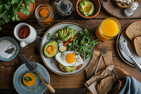 Top view a plate of avocado toast. The toast is topped with sliced avocado, a sunny-side-up egg, fresh herbs, and cherry tomatoes. Generative AI.の素材