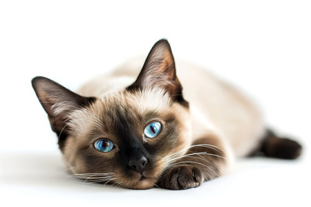 Cute Siamese cat lying and looking at camera on white background. Generative AI.の素材