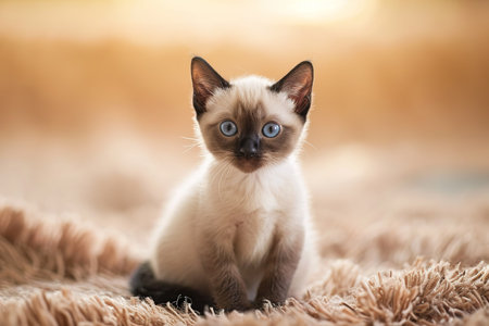 Cute baby Siamese cat sitting on the carpet and looking at camera. Generative AI.の素材