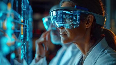 A female doctor wearing smart glasses, standing in front of a high-tech digital interface display. Medical technology concept. Generative AI.の素材