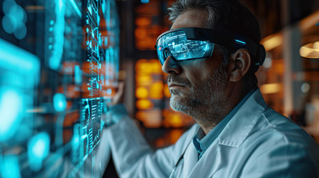 A male doctor wearing smart glasses, standing in front of a high-tech digital interface display. Medical technology concept. Generative AI.の素材