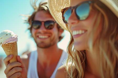 Close-up image of smiling couple enjoying ice cream cones. Generative AI.の素材
