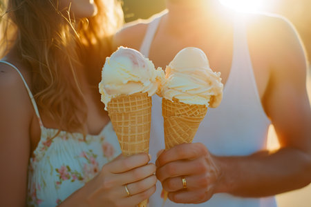 Close-up couple hands holding and enjoying ice cream cones. Generative AI.の素材