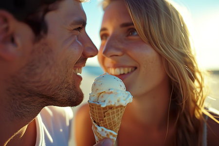 Close-up image of smiling couple enjoying ice cream cones. Generative AI.の素材