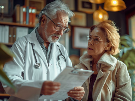 Experienced male doctor in a white coat reviews a medical document with an attentive elderly woman in a cozy, well-lit office setting. Generative AI.の素材