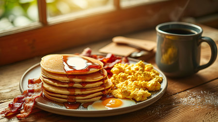 American breakfast with sunny-side-up eggs on pancakes, sausages, fresh orange juice, and cherry tomatoes on the table. Generative AI.の素材