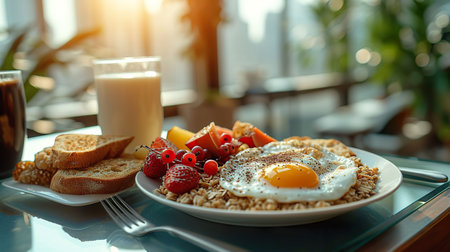 A healthy breakfast set against a sunny window, featuring oatmeal with sunny-side-up eggs, fruit berries, a glass of coffee, and a cup of tea. Generative AI.の素材