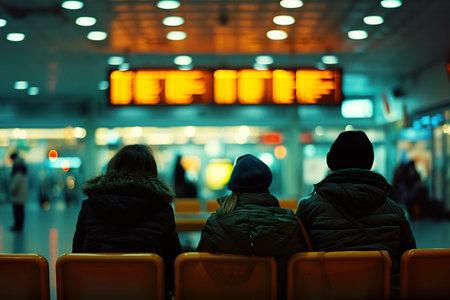 Family sitting on a bench waiting at transit station, facing a glowing departure board in a dimly lit waiting area. Generative AI.の素材