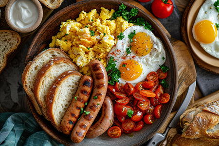 Top view a plate of  scrambled eggs, sausages, tomatoes, and slices of artisan bread. Generative AI.の素材
