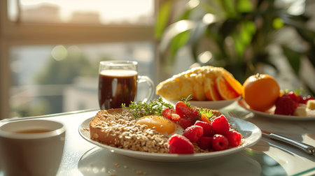A healthy breakfast set against a sunny window, featuring oatmeal with sunny-side-up eggs, fruit berries, a glass of coffee, and a cup of tea. Generative AI.の素材