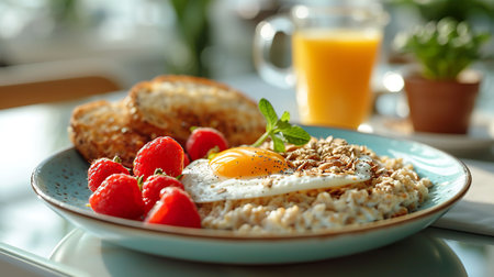 A healthy breakfast set against a sunny window, featuring oatmeal with sunny-side-up eggs, fruit berries, a glass of coffee, and a cup of tea. Generative AI.の素材