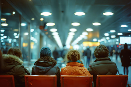 Travelers seated in a row, waiting in a terminal. Generative AI.の素材