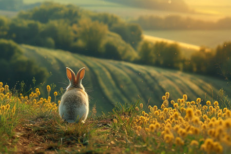 Rabbit watching view of blossom field with warm glow sunlight in the morning. Generative ai.の素材