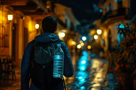 A solitary man traveler with backpack carrying a reusable water bottle walking down a lantern-lit street at night. Generative AI.の素材