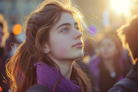 A beautiful young woman wearing purple attire in the warm glow of setting sun. Generative AI.の素材