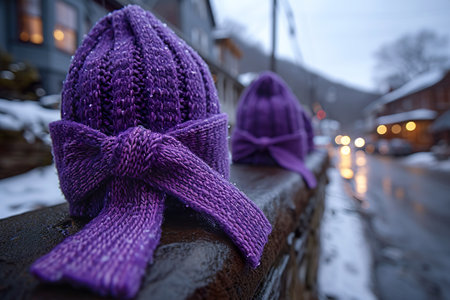 Purple knitted hats resting on a snowy bench. Purple day. Epilepsy awareness day. Generative AI.の素材