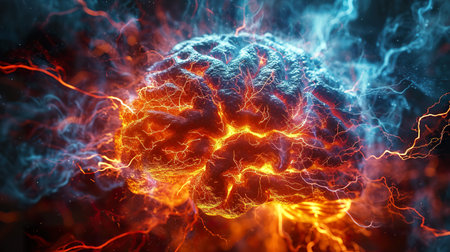 Abstract Illustration of human brain with various regions illuminated and interconnected by electrical impulses symbolized erratic electrical activity during seizure. Generative AI.の素材