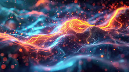 Abstract background of electrical impulses traversing through the neural landscape with sparkles of light illustrating the synaptic transmissions. Generative AI.の素材