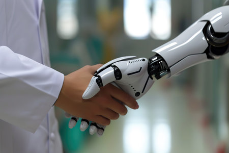 Close-up of a human hand in a white lab coat clasping rthe mechanical hand of a robot symbolizes the synergy between healthcare professionals and advanced robotics. Innovative future of medicine and technology concept. Generative AI.の素材