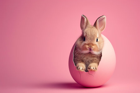 A delightful brown rabbit peeking out of a large pink egg against a pink background. Generative AI.の素材