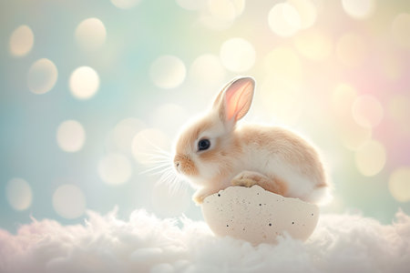 A whimsical scene of a cute baby bunny hatching from an egg set against a pastel color background. Generative AI.の素材