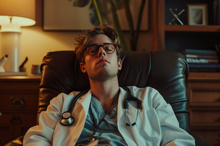 A portrait of a fatigued young medical professional man in white lab coat with stethoscope taking a reat on a couch after a long shift. Generative AI.の素材
