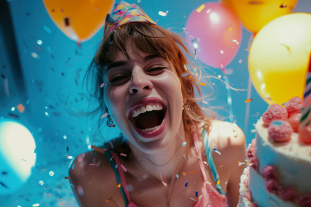 An euphoric young woman laughing with colorful candles on birthday cake in front. Generative AI.の素材