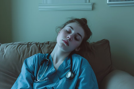 A portrait of a fatigued young medical professional woman in blue scrubs with stethoscope taking a reat on a couch after a long shift. Generative AI.の素材