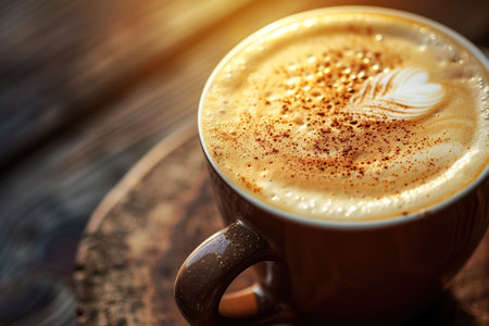 A close-up of a cappuccino coffee, creamy froth with delicate leaf pattern in latte art on a rustic wooden table. Generative AI.の素材
