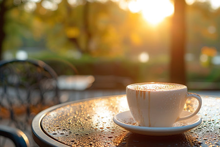 An outdoor scene close-up of a latte coffee on a wet outdoor table, early morning dew visible, city park in the background. Generative AI.の素材