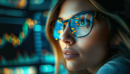 Close-up portrait of a businesswoman focusing on the digital futuristic digital interfaces of data analysis on screen. Generative AI.の素材
