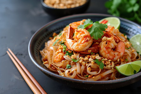 Pad Thai, a traditional Thai noodle dish, featuring stir-fried rice noodles with succulent shrimp, bean sprouts, green onions, and fresh coriander leaves. Generative AI.の素材