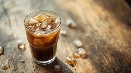 Top view a glass of iced coffee with ice cubes on a rustic wooden table. Generative AI.の素材