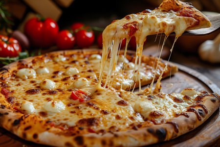 A slice of gourmet cheese pizza being lifted, with hot, melted cheese stretching from the pie. The pizza displays a browned crust and is topped with chunks of soft white cheese and pieces of red tomato, placed on a wooden pizza board with fresh tomatoes in the background. Generative AI.の素材