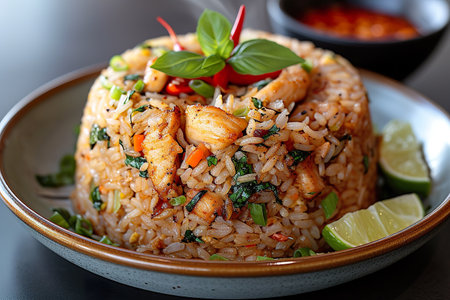 Close-up of a Thai basil chicken fried rice on ceramic plate. The rice garnished with basil leaves and red chili accompanied by a side of lime wedges. Generative AI.の素材