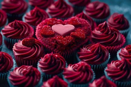 An ollection of red velvet cupcakes with red frosting and a standout cupcake with heart-shaped decorations and glittering red sugar, all arranged to form a heart shape against a dark blue backdrop. Generative AI.の素材