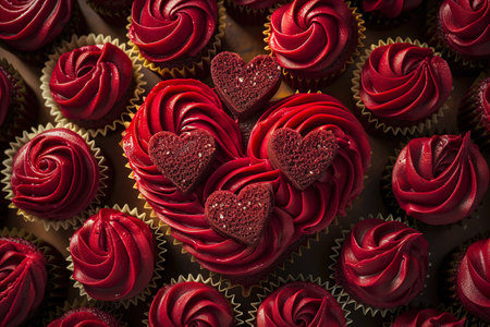 An array of red velvet cupcakes with luxurious, swirling red frosting and heart-shaped cake toppers, arranged to form a larger heart shape. Generative AI.の素材