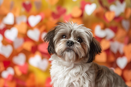 A cute shih tzu dog with gray and white coat in front of a romantic backdrop with colorful paper hearts. Generative AI.の素材