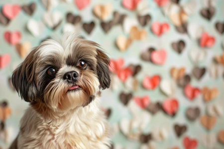 A cute shih tzu dog with gray and tan coat against a backdrop filled with multicolored heart shaped paper background. Generative AI.の素材