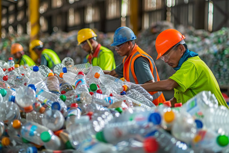 Workers wearing protective gear at a recycling facility sorting and processing plastic bottles for recycling. Generative AI.の素材