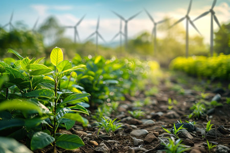 A vibrant depiction of young crops growing in the foreground with the soft blur of wind turbines in the distance, illustrating the harmony between agriculture and renewable energy. Generative AI.の素材