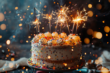 A cheerful celebration cake festooned with colorful sprinkles and crowned with glowing sparklers, surrounded by a magical burst of light and festive confetti. Generative aiの素材