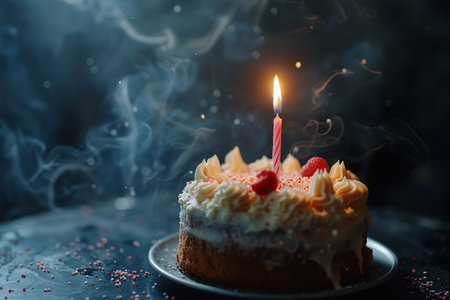 A birthday cake with a single, glowing candle in a dark room, focusing on the flickering flame and the anticipation of making a wish. Generative AI.の素材