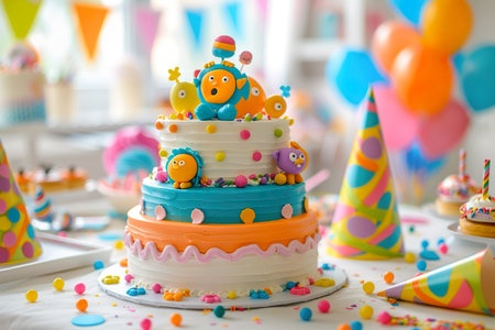 A fun, children's themed birthday cake decorated with cartoon characters and bright, edible figures, set on a table with colorful party hats and streamers. Generative AI.の素材