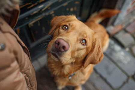 Close-up of an engaging golden retreiver dog looking up with soulful eyes welcoming its owner home, filled with excitement and affection. Generative AI.の素材