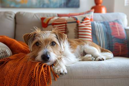 An endearing terrier dog rests on a chic couch, surrounded by colorful cushions, exemplifying a modern home atmosphere blended with the comfort of a pet-friendly environment. Generative AI.の素材