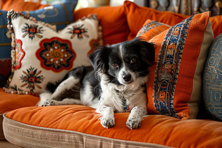 A striking black and white dog adds a touch of liveliness to an eclectic and elegantly decorated room, replete with vibrant orange cushions and richly patterned textiles. Generative AI.の素材